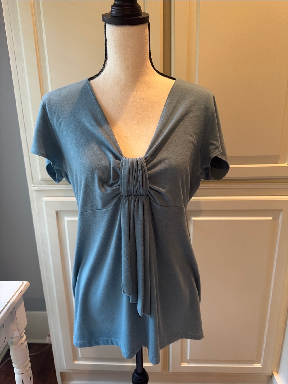 Susan Lawrence Dusty Blue V-Neck Tie-Front Short Sleeve Top